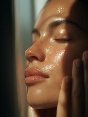 Hydrated Plump Skin with Glycerin A serene portrait of a woman enjoying a skincare routine, highlighting glowing skin. Hydrated Plump Skin with Glycerin