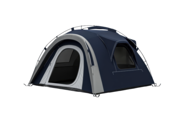 Sleek, dark-blue dome tent with gray accents, two windows, and a curved roofline, ideal for solo or duo camping