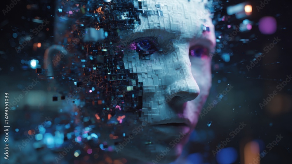Poster digital humanoid face dissolving into pixels close up artificial intelligence concept art