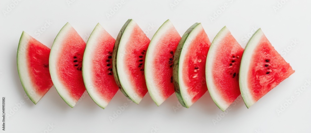 Poster sliced watermelon segments arranged in row on white background top down view summer fruit refreshmen