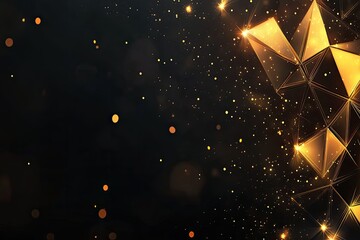 Obraz premium Abstract gold geometric shapes shimmer with light against a dark background, scattered with bokeh