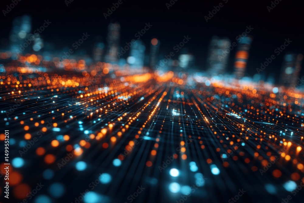 Poster abstract futuristic city skyline with glowing data streams and network connections in a digital land