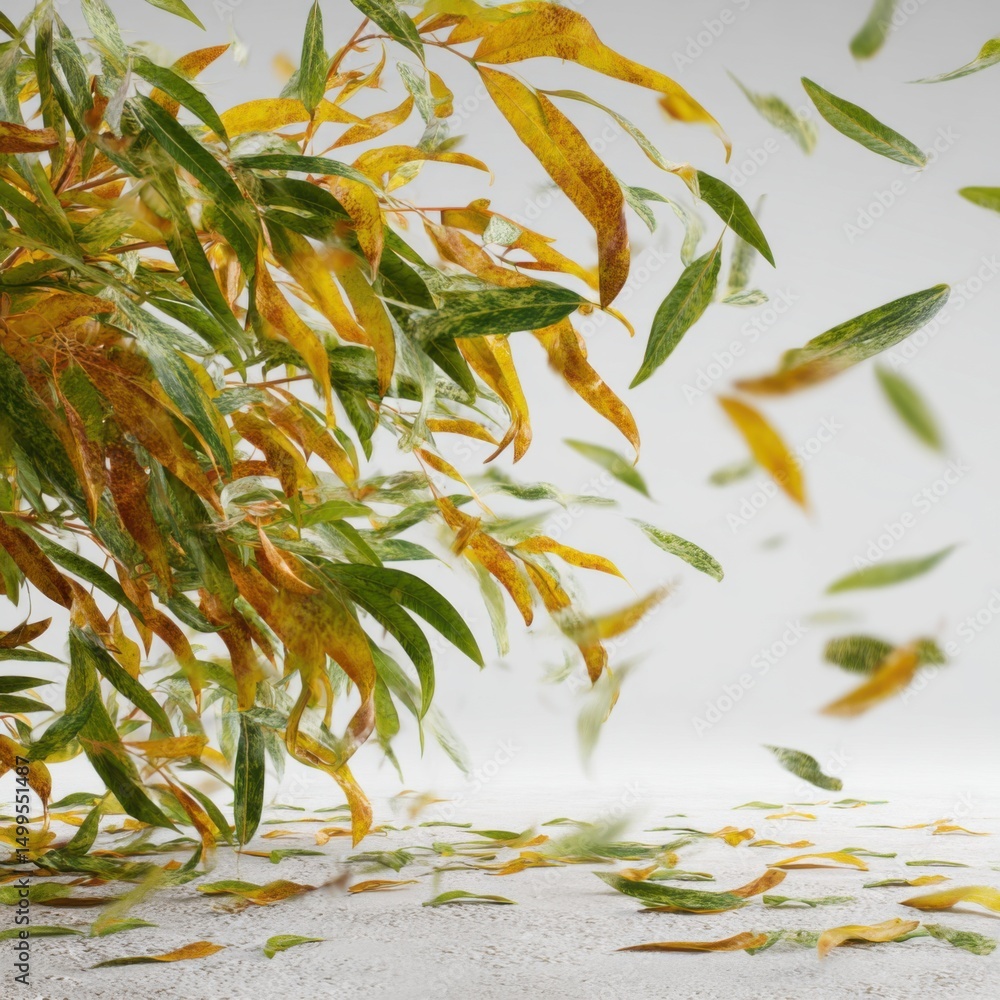 Poster autumn leaves falling from tree branches in studio setting with white background and concrete floor