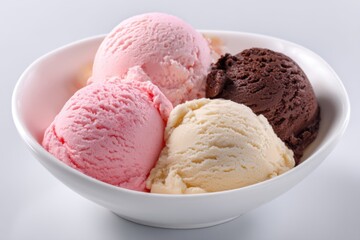 Close up of four scoops of ice cream in a white bowl from a high angle studio shot on white background