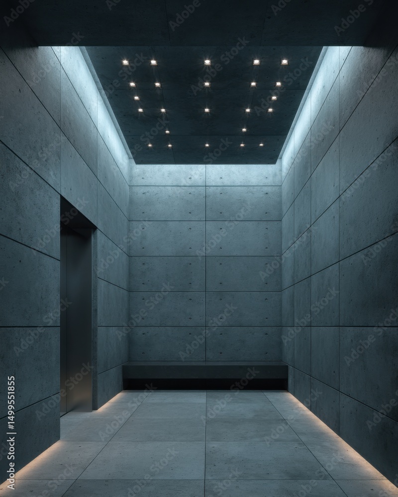 Aufkleber modern elevator lobby with concrete walls and ceiling lights in a minimalist style at eye level in a