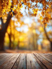 Autumn leaves above wooden table in park background fall season nature outdoor backdrop product display