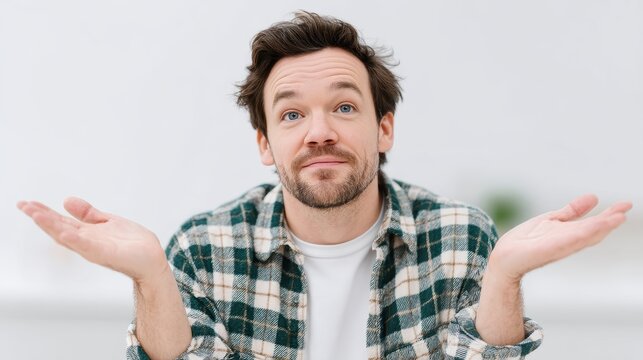 A young man in a casual outfit shrugs with a puzzled facial expression, conveying uncertainty and confusion in a modern indoor setting. The atmosphere is relaxed and open.