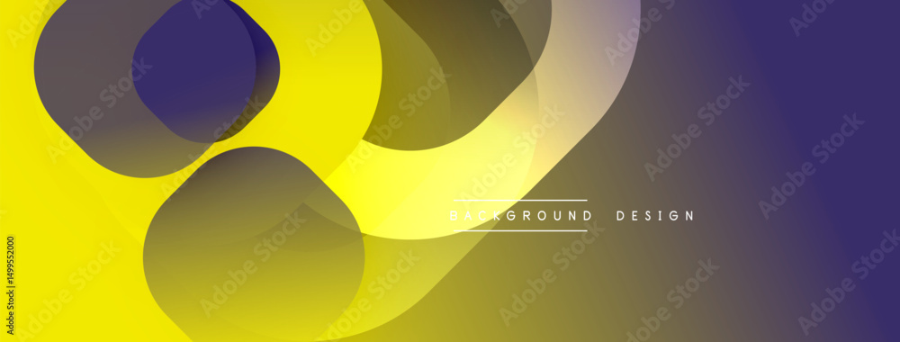 Poster Abstract yellow, purple gradient circles overlap. Modern design suggests dynamic energy, smooth transitions. Background features text elements.