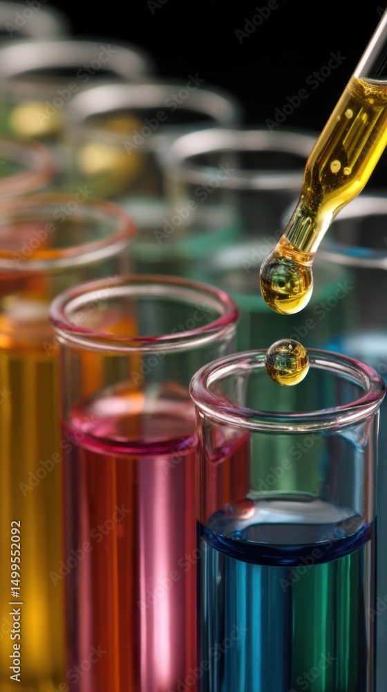 Poster close up of pipette dropping liquid into test tubes in a laboratory setting for scientific research 