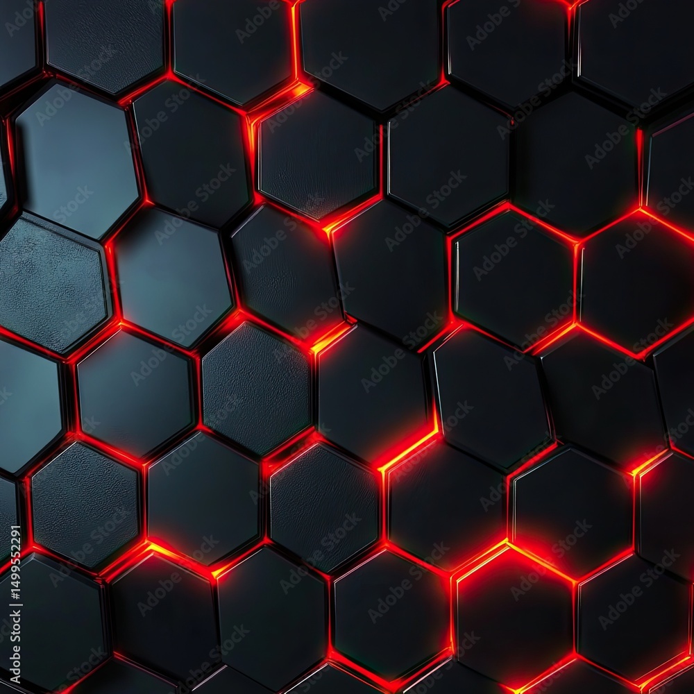 Poster abstract dark hexagonal grid with glowing red inner edges, creating a dynamic, textured, and slightl