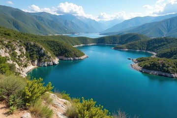 Obraz premium Irregular shaped lake with winding shoreline, rocky outcrops, water, earth, birds-eye