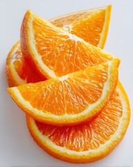 Close up of fresh orange slices stacked on a white surface studio shot vibrant color healthy food concept