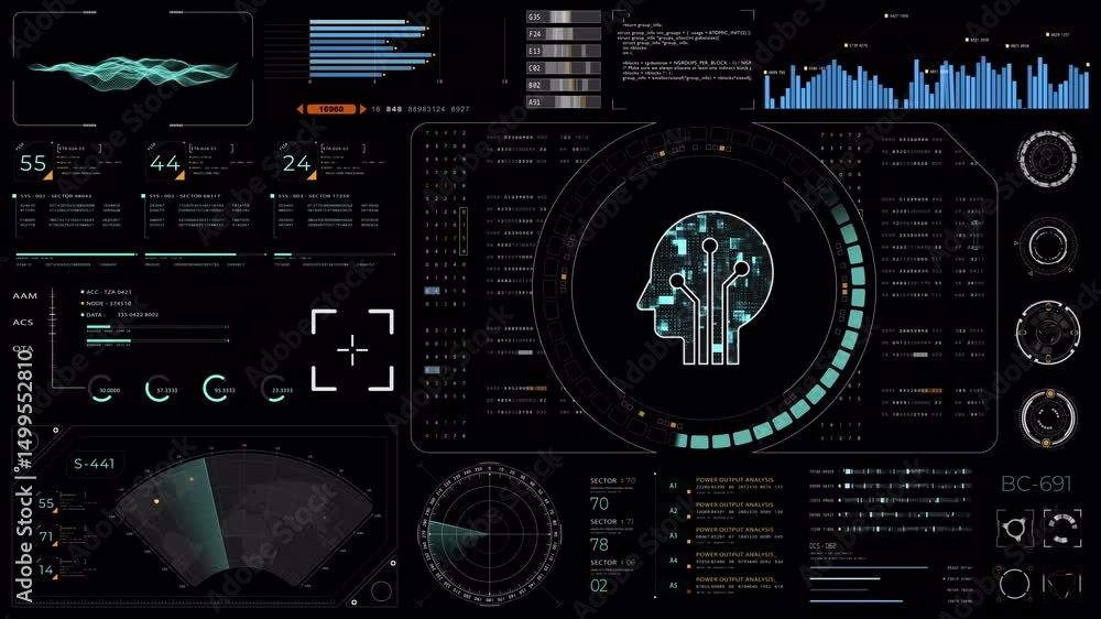 Poster motion graphic of blue digital robot head with hud ui and futuristic technology abstract background 