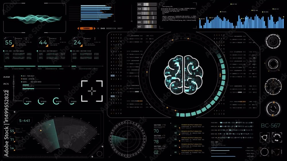 Poster motion graphic of blue digital brain with head up display (hud ui) and futuristic technology abstrac