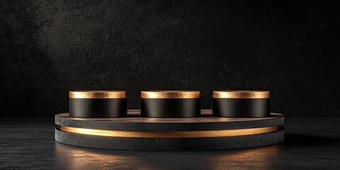 Three black cylindrical containers with gold rims sit atop a circular, two-tiered black wooden platform with a gold accent, against a dark textured background