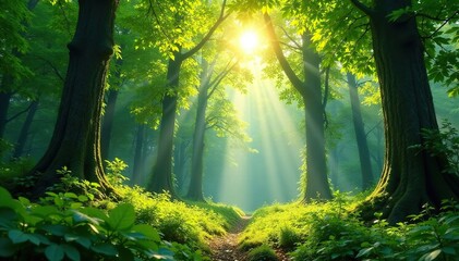 Fototapeta premium Sunlight dappled through the leaves of a lush forest, showcasing vibrant green foliage and towering trees , texture, forest floor