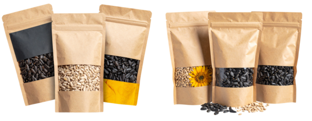 Scattered Paper Seed Bags with Spilled Sunflower Seeds, Transparent PNG 