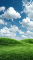 Obraz premium Rolling Green Hills Under a Blue Sky with Puffy White Clouds Landscape Photography Nature Background Scenic View