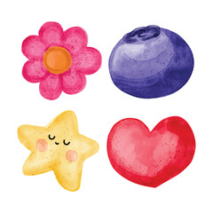 Adorable watercolor clipart set featuring a pink flower, blueberry, red heart, and sleepy star with rosy cheeks. Cute hand-painted illustrations ideal for kids designs, stickers and scrapbooking