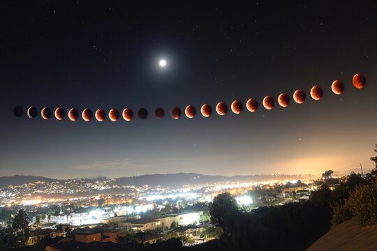 Lunar eclipse over city lights