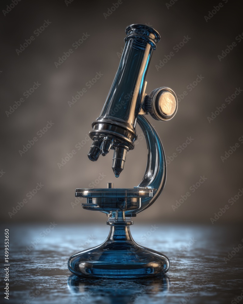 Poster close up of a scientific microscope in a lab setting with a dark background and dramatic lighting fo