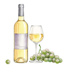 Fototapeta premium White wine bottle and glass with green grapes on transparent background, watercolor illustration for beverage and viticulture concept.