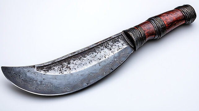 Detailed macro shot of the sharpened edge of a traditional kukri knife from Nepal against a pure white background under professional studio lighting, highlighting its unique curvature 