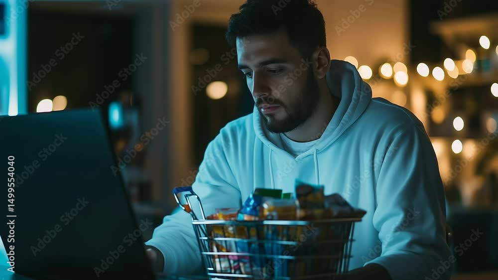 Poster man browsing digital marketplace with focused expression, shopping cart filled with colorful items b