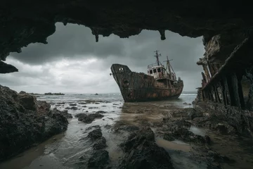 Selbstklebende Fototapeten Exploring an abandoned shipwreck on the coast © Chanrothana Pech
