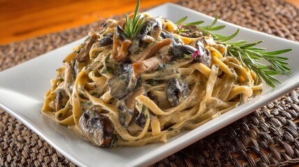 Creamy Mushroom Pasta Dish on White Plate Close Up Delicious Italian Cuisine with Rosemary Garnish Restaurant Meal