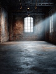 Empty industrial room with brick walls and concrete floor bathed in sunlight from windows architectural interior