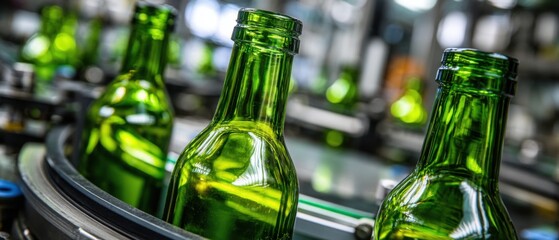 Green Glass Bottles on Conveyor Belt in Factory Production Line Close Up Industrial Manufacturing Process