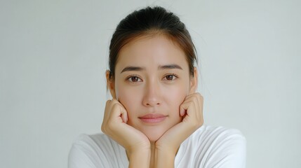 A young woman with a serene expression rests her chin on her hands, embodying tranquility and contemplation in a minimalist setting, perfect for themes of mindfulness and self-refl