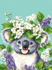 Cute Koala Portrait with Floral Crown Illustration on Aqua Background Charming Animal Art