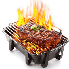 Juicy steak grilling on a small barbecue with flames close up shot delicious meat cooking on a grill