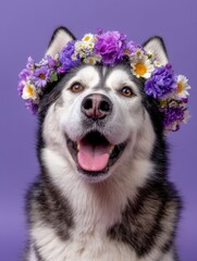 Portrait of a happy husky dog wearing a flower crown on a purple background headshot studio shot smiling with tongue out
