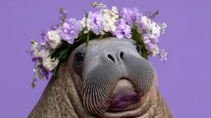 Close up portrait of a walrus wearing a flower crown on a purple background studio shot looking at the camera