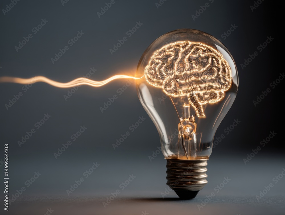 Aufkleber lightbulb with brain inside emitting light on gray background studio shot illustrating idea concept