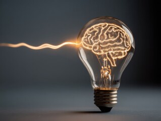 Lightbulb with brain inside emitting light on gray background studio shot illustrating idea concept