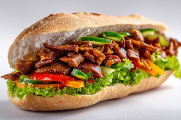 Delicious kebab sandwich close up studio shot featuring fresh vegetables and tender meat on a white background
