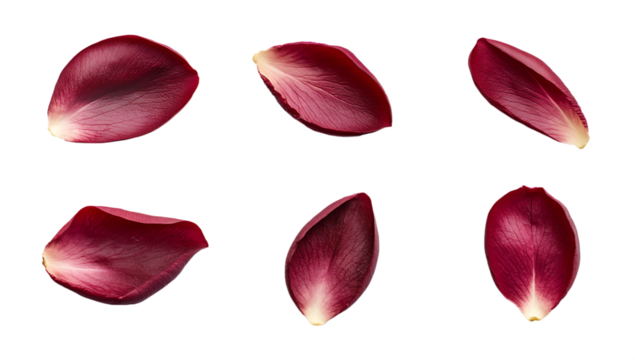 Six dark red rose petals isolated on a white background