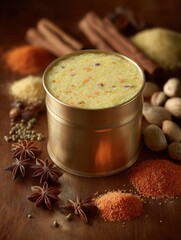 Semolina halva in golden tin surrounded by spices and nuts on wooden surface in warm light studio shot