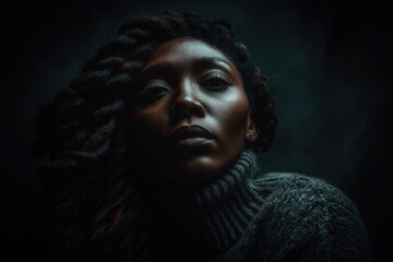 Portrait of a young African American woman looking up with braids and a gray sweater in a dark moody setting