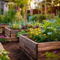 Raised garden beds with flowers and vegetables growing in a backyard garden during golden hour in the summer