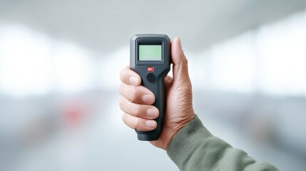 Close-up of a hand holding an infrared thermometer, showcasing modern technology for temperature measurement in various settings. Ideal for health, safety, and preventive measures.