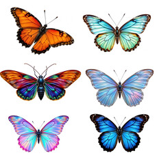 Colorful butterflies display vibrant wings in various shades, showcasing intricate patterns and textures. These beautiful insects symbolize transformation and nature artistry