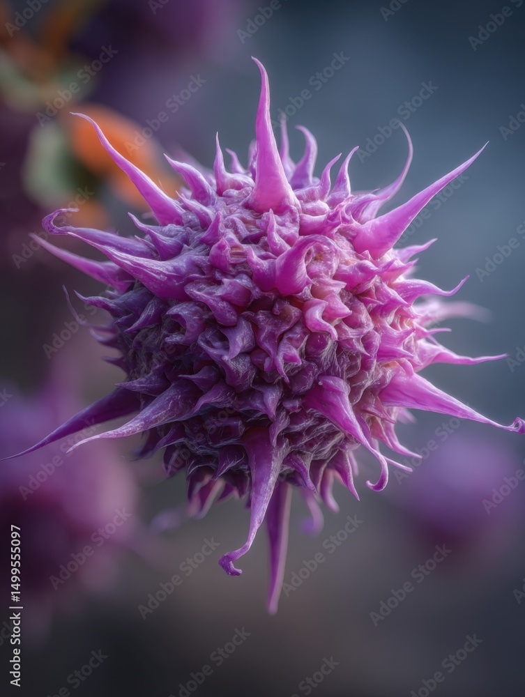 Poster purple spiky abstract sphere close up macro shot artistic render detailed texture sharp prickly surf
