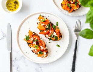 Open-faced tomato basil sandwiches on feta, yellow dip, marble table, greenery, inviting lunch.