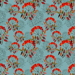 Pattern with waterolor and graphic linear hand drawn rowan branches with orange autumn leaves and berries. Endless texture on blue green background. Print for textile, women's wear, cushions.