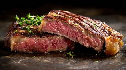 Juicy medium-rare ribeye steak, grilled to perfection, showcasing rich textures and succulence. A celebration of rustic culinary artistry.